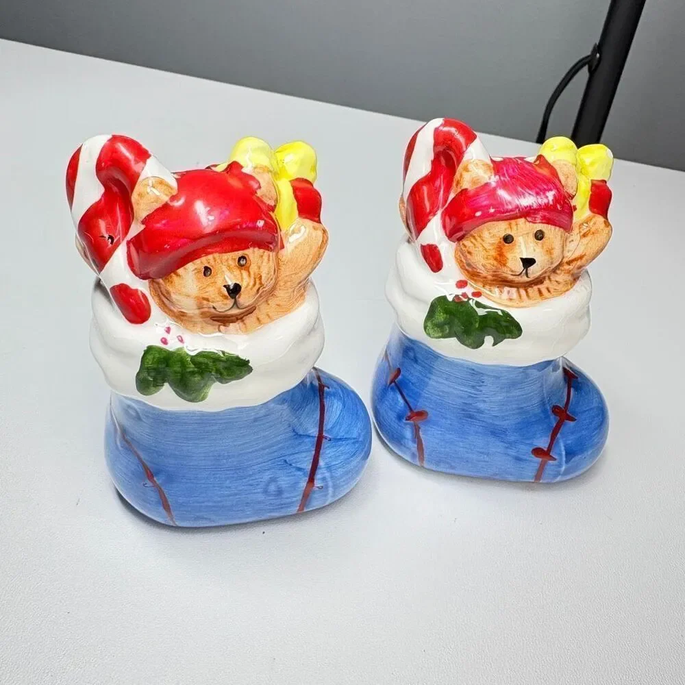 Vintage Christmas Teddy Bear Stocking Figurines – Hand Painted Holiday Decor (Se